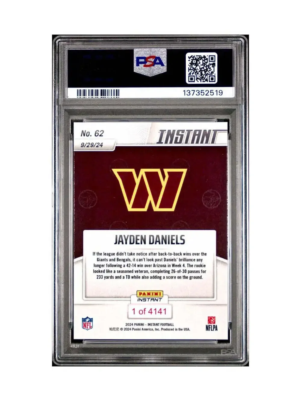 Jayden Daniels Rookie 2024 Panini Instant NFL #62 PSA 10 Gem Mint